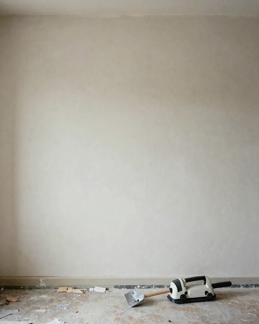 Gros plan sur un mur en enduit à moitié préparé, spatule et ponce