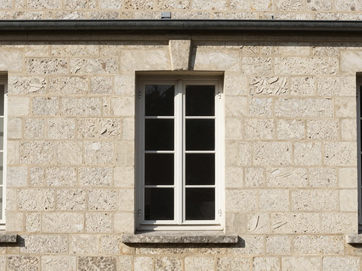 Détail réaliste d'une façade de maison en pierre claire avec une fenêtre récemment isolée, lumière naturelle douce, cadr