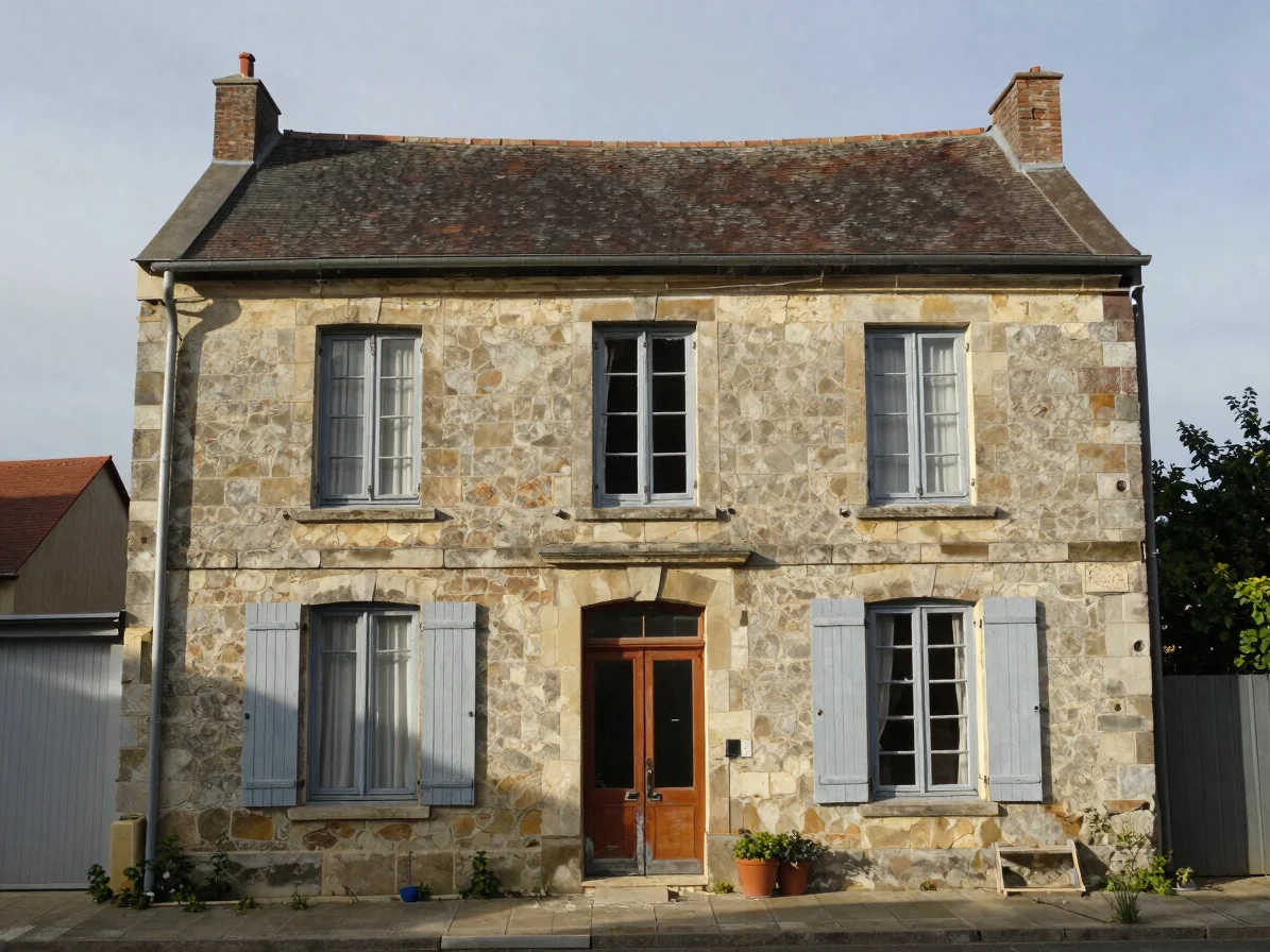Vue d'ensemble d'une maison ancienne en pierre à rénover, façade