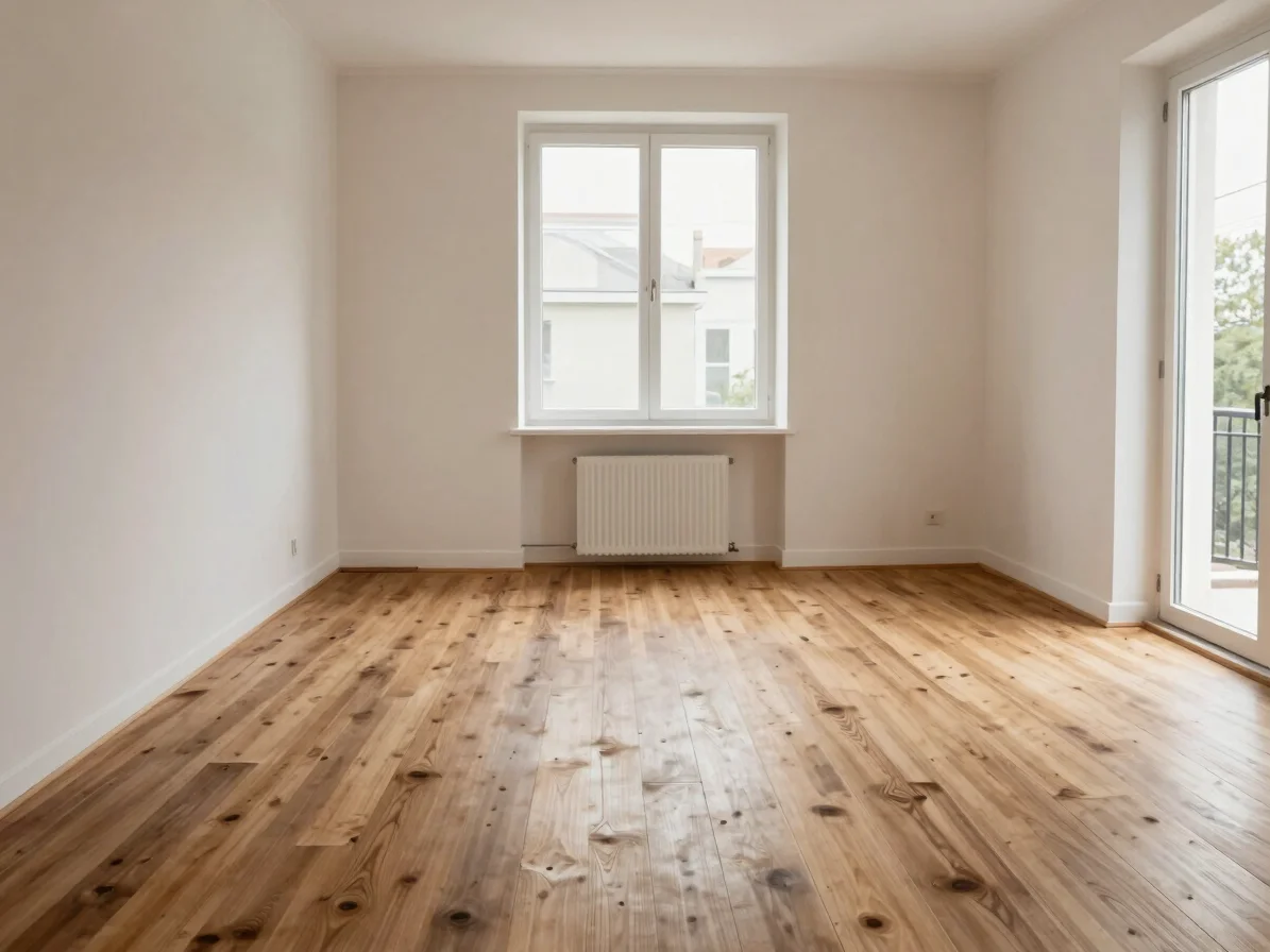 Vue d'un salon en cours de finition, murs enduits clairs, parquet en chêne huilé, lumière naturelle douce entrant par un