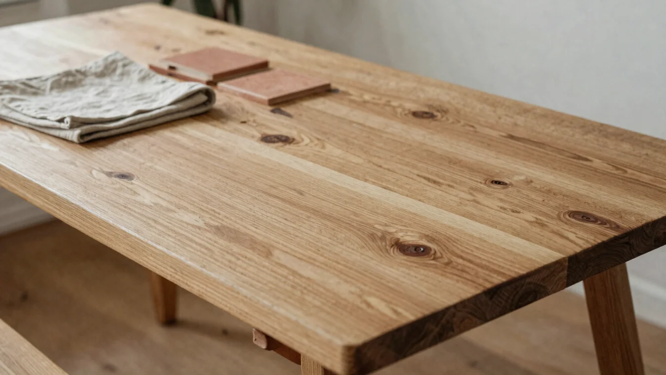 Détail d'une table en bois brut, carreaux de terre cuite et tissu en lin posés sur une étagère, lumière naturelle douce,
