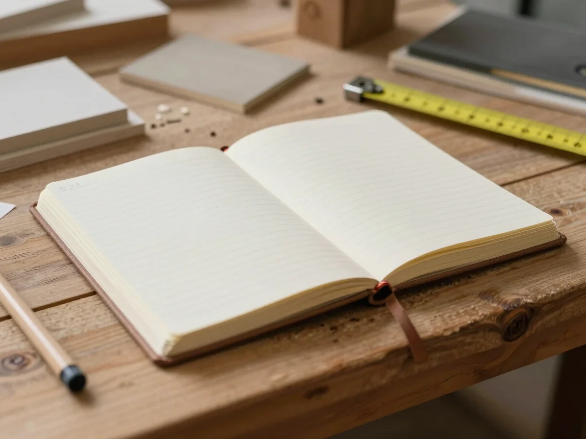 Détail réaliste d'un carnet de notes posé sur un établi de bois b