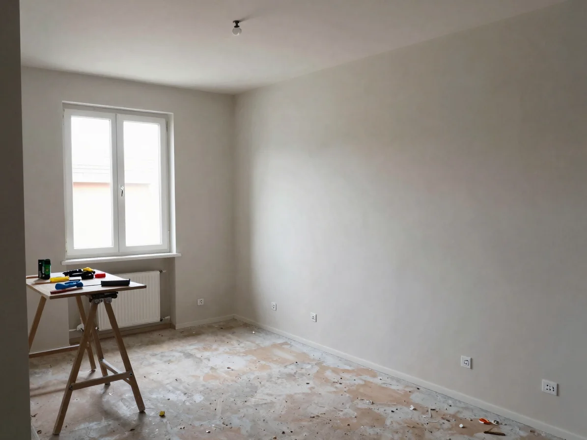 Vue d'ensemble d'une pièce d'appartement en cours de rénovation, murs préparés et enduits, lumière naturelle douce entra