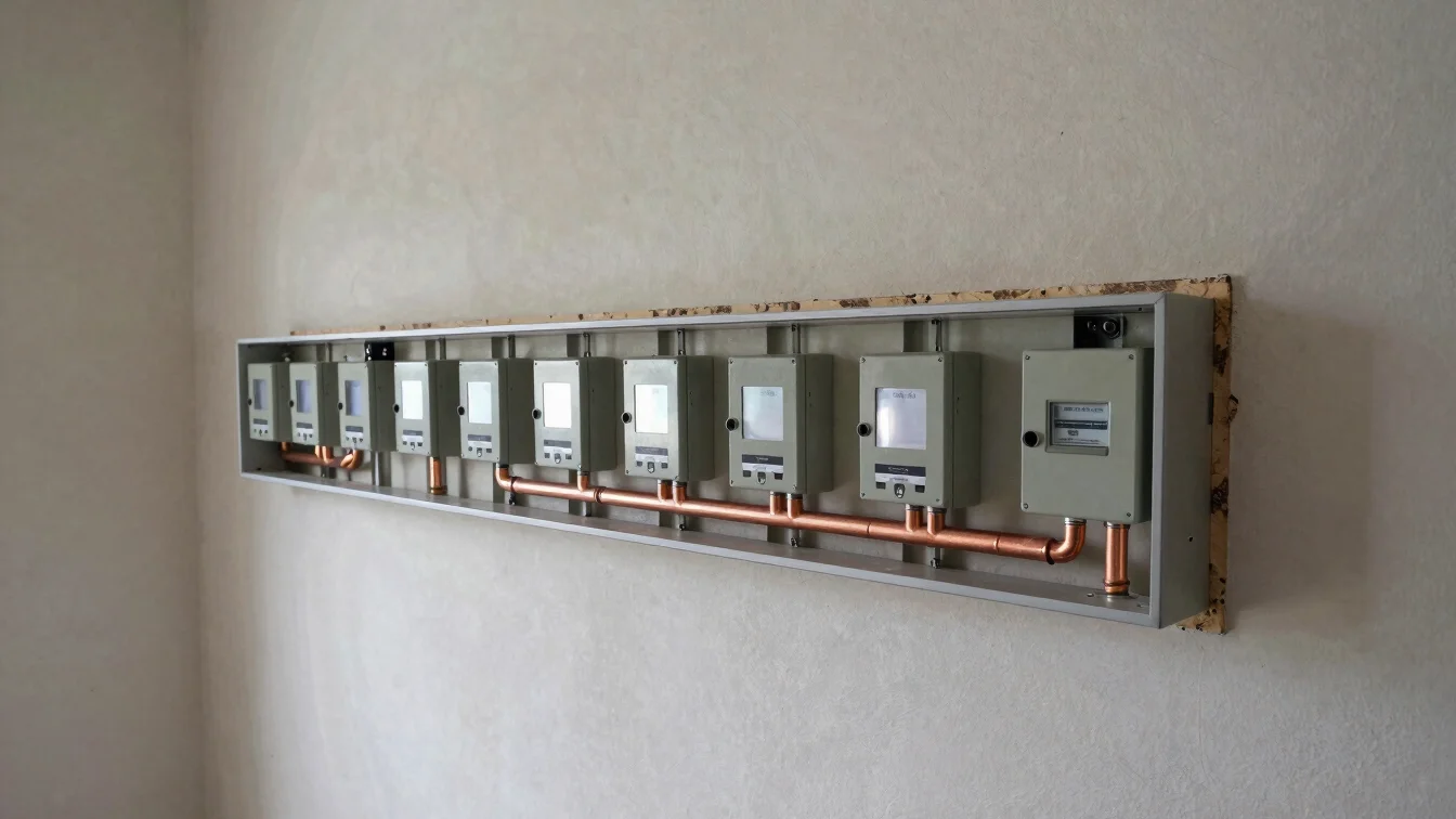 Gros plan sur des tuyaux en cuivre et un coffret électrique ouver