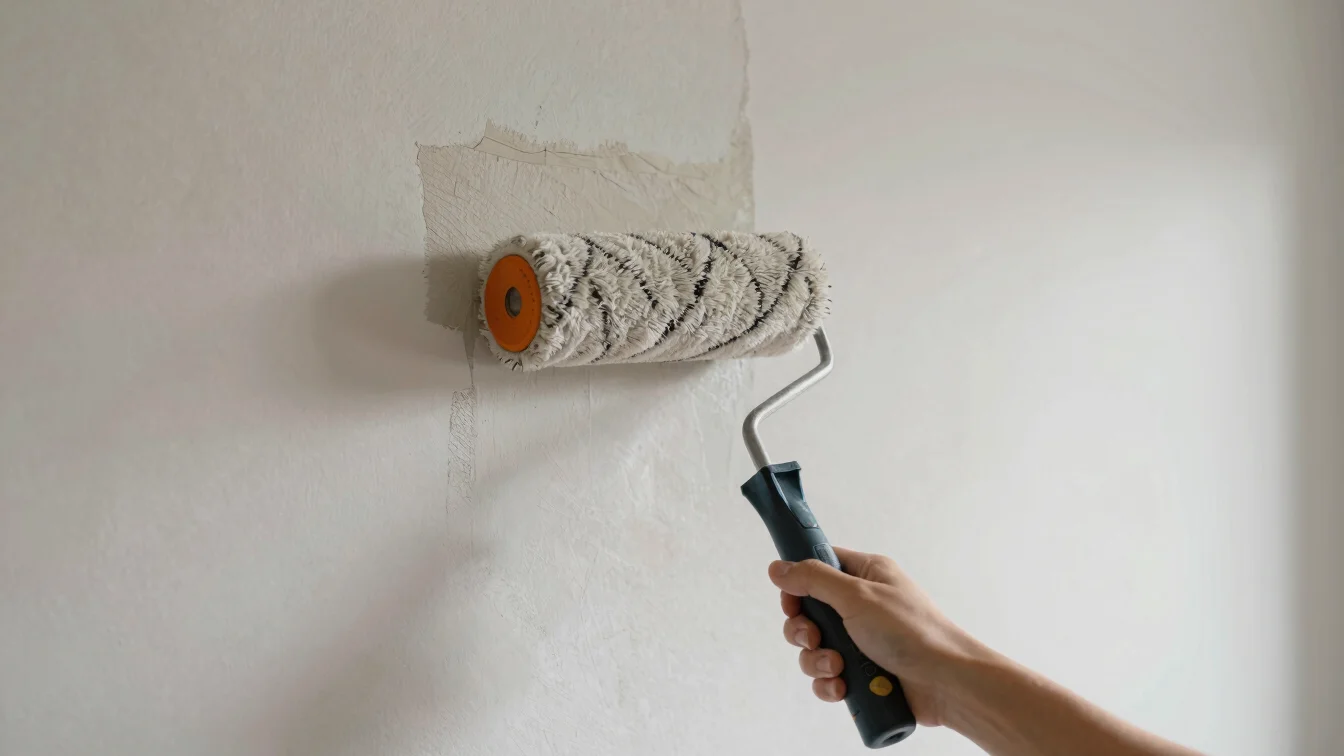 Mains appliquant une peinture mate au rouleau sur un mur préparé,