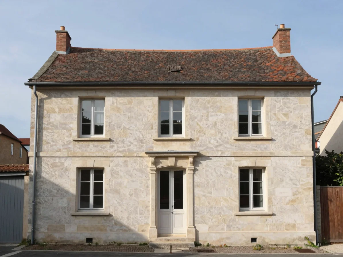 Façade de maison individuelle en pierre et enduit clair, toiture