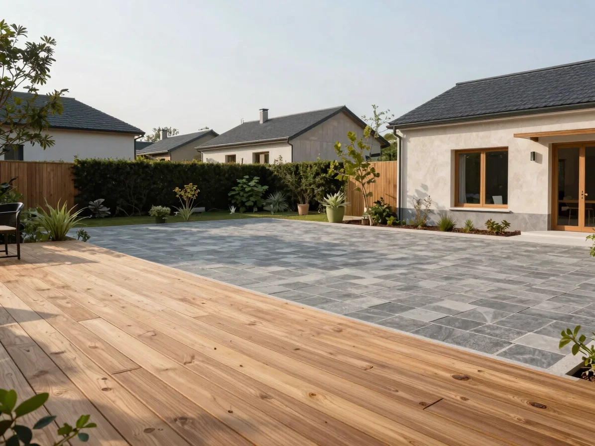 Terrasse en bois brut et dalles de pierre dans un jardin résidentiel, pente douce visible, lumière d'après-midi, vue d'e