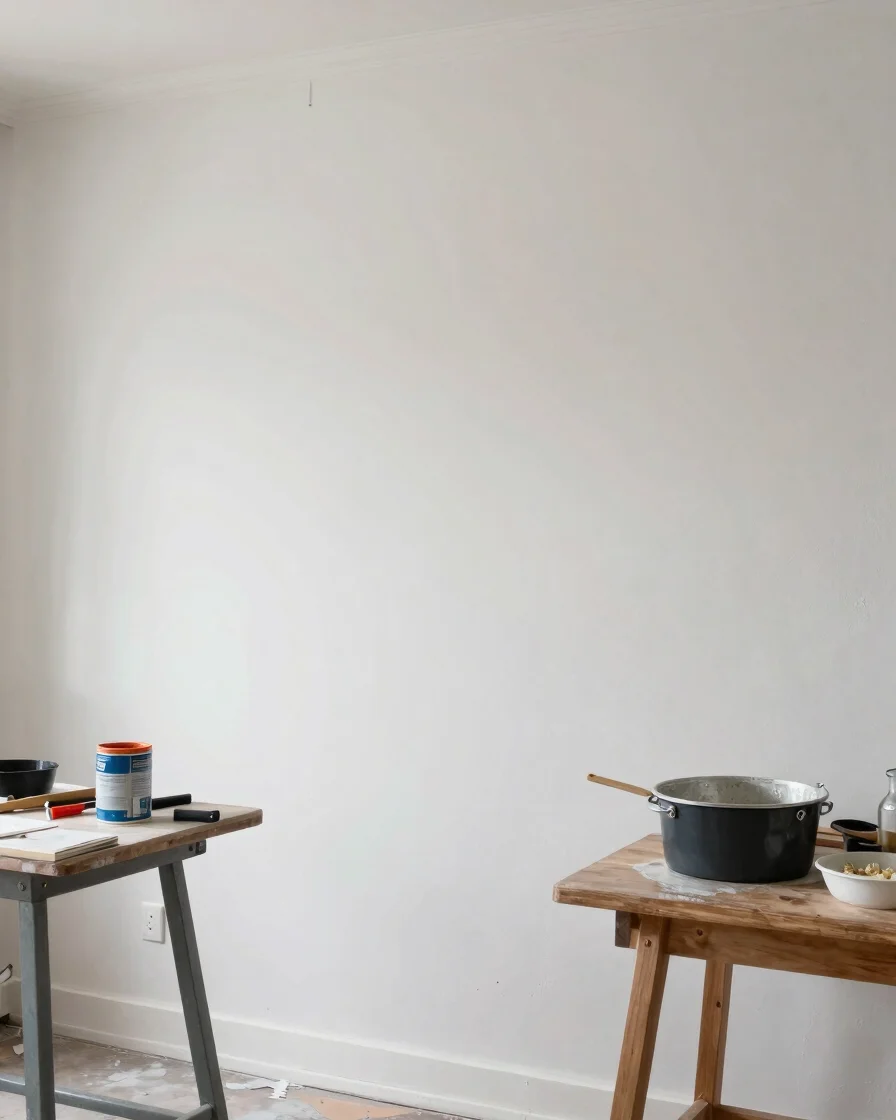 Vue d’une cuisine en cours de rénovation, enduit fraîchement appl
